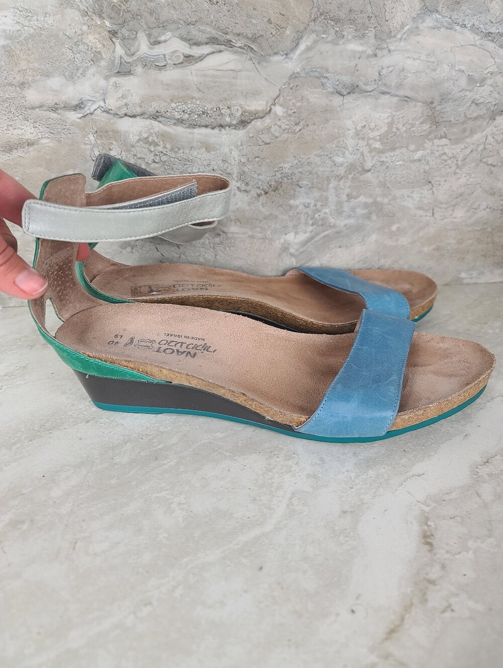 Naot PIXIE Blue Green Silver Pewter Colorblock Leather Wedge Sandals 9 - Picture 5 of 14